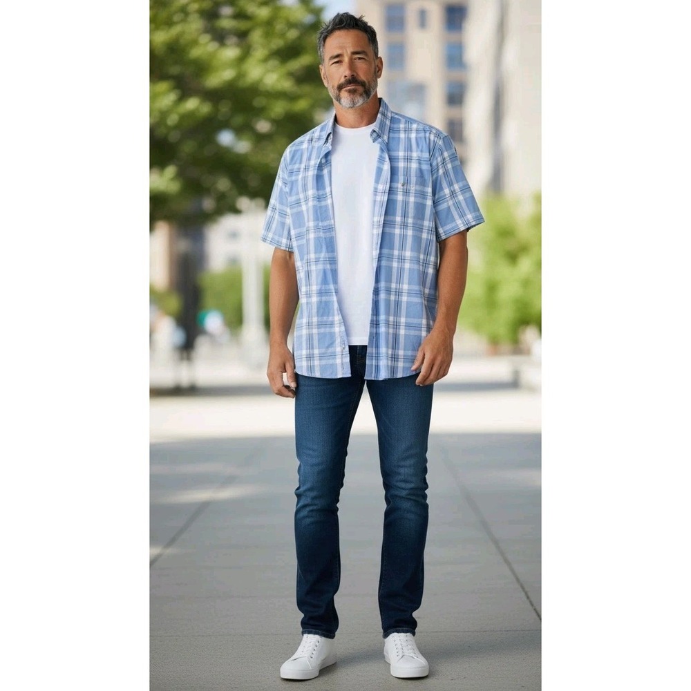 Wrangler‎ Authentics Men's Short Sleeve Plaid Button Down Shirt Blue White SZ XL